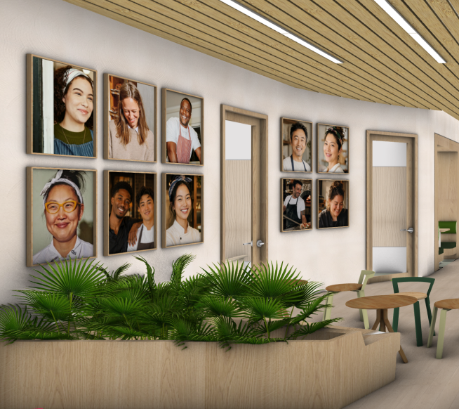 Office design rendering with a wall of team portraits, supplied by Veery.