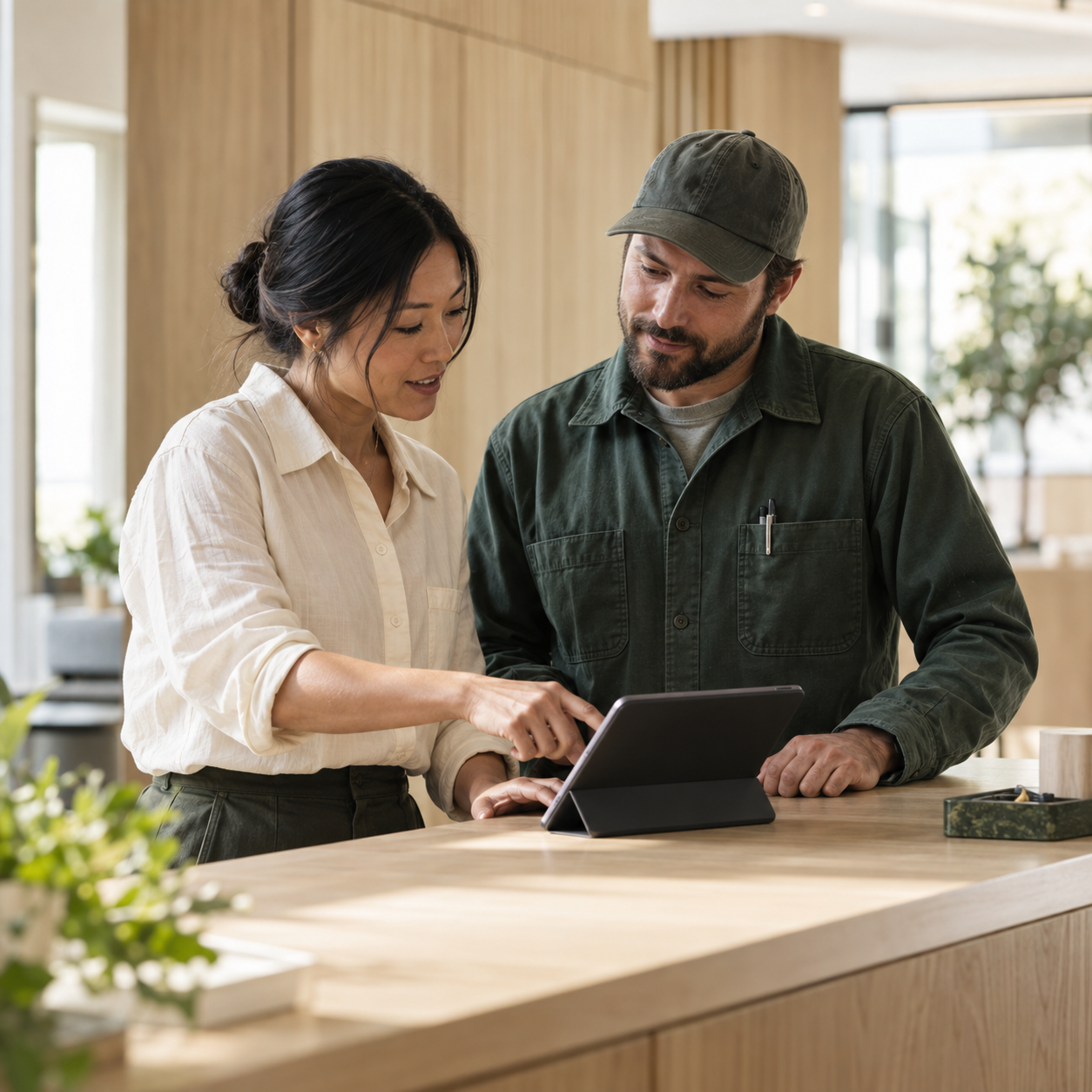 AI-generated illustration of an office operations lead and a vendor working together.
